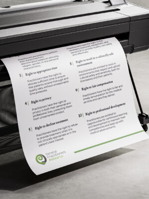 A printer printing the GP Code of Rights poster.