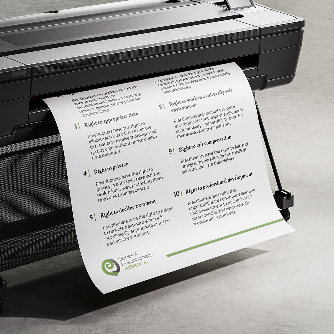 A printer printing the GP Code of Rights poster.