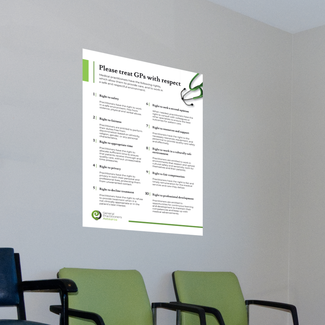 The GP Code of Rights poster on a waiting room wall.
