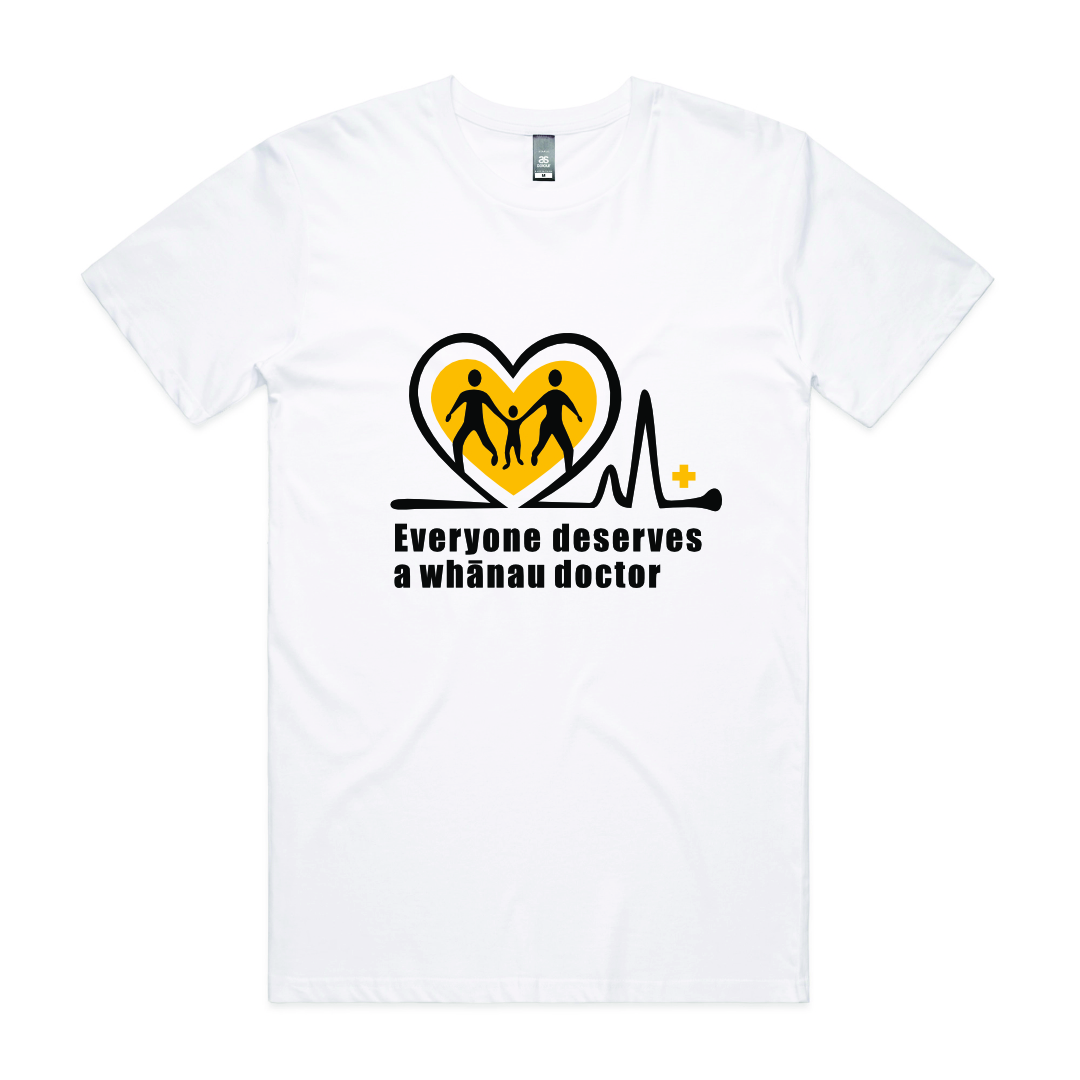 A white t-shirt with the "Everyone deserves a whānau doctor" logo.