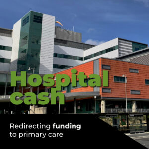 A photo of Wellington Hospital, overlaid with the words "Hospital cash; redirecting funding to primary care"