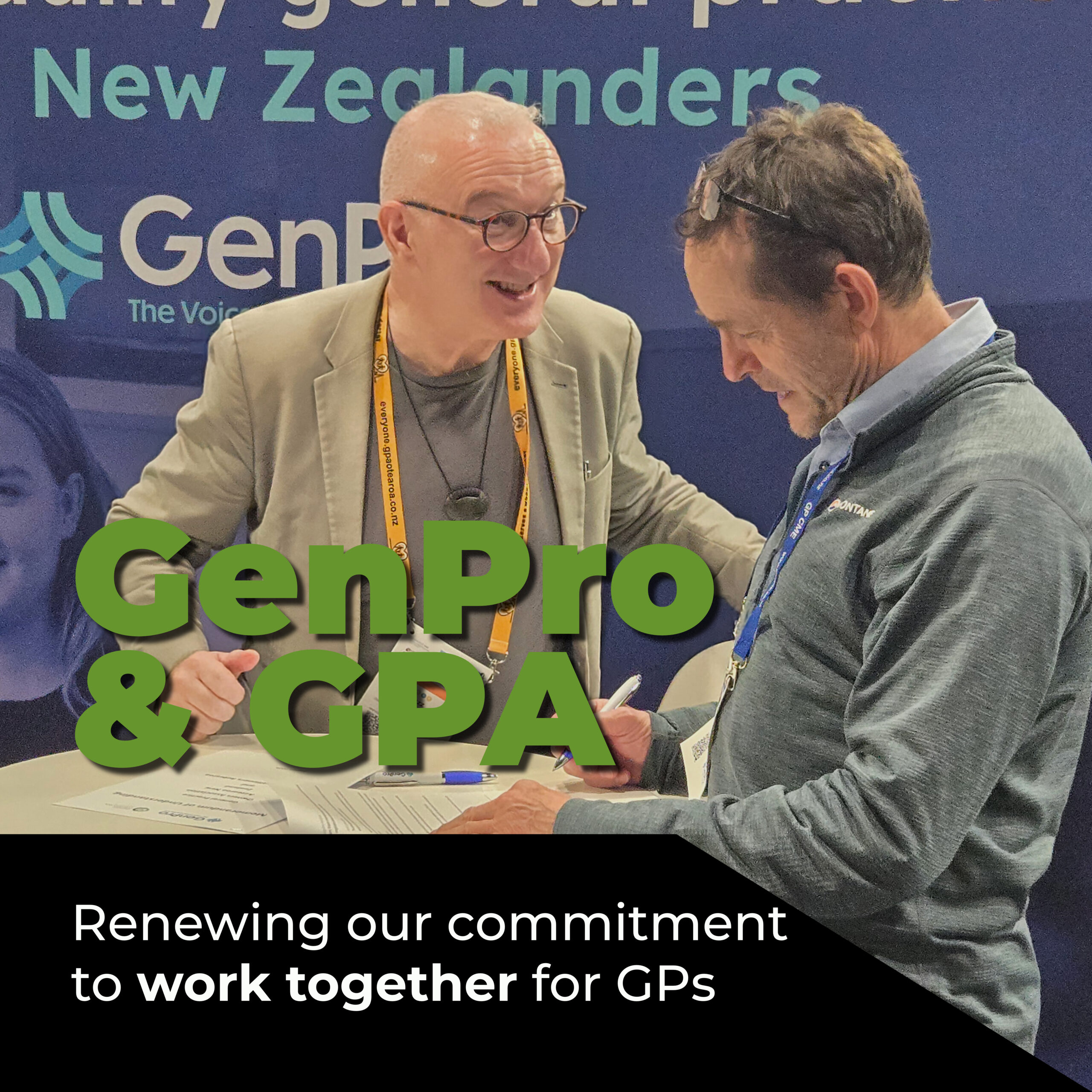 Dr Buzz Burrell (GPA) and Dr Angus Chambers (GenPro) sign a memorandum of understanding.
